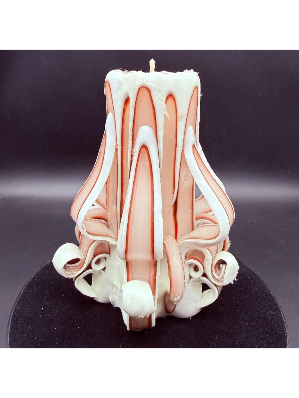 Vintage 1970s Hand Carved Ribbon Wax Candle Peach & White Dip-Dipped Pillar 6"
